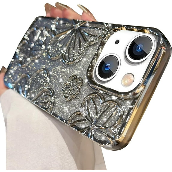 Glitter 3D Flower Case for iPhone 15 Plus, Cute Luxury Gradient Bling Sparkly Paper Soft TPU Plating Bumper Clear Shockproof Slim Women Girls Protective Cover for iPhone 15 Plus 6.7" (Pink)