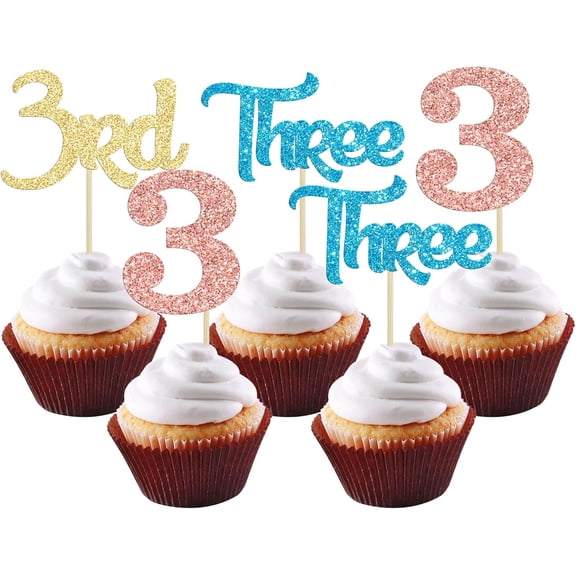 Glitter 3rd Birthday Cupcake Toppers, Blue, Gold, and Rose Gold, Third Birthday Party Decorations, 12 Pieces