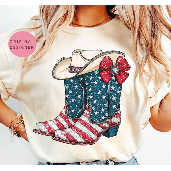 Glitter 4th of July Cowgirl Boots Shirt, Patriotic Western Rodeo Tee, USA Flag Shirt, Red Coquette Bow Shirt, Country Girl Independence Outfit