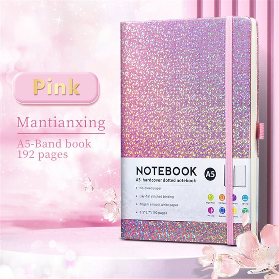 Glitter A5 Hardcover Notebook,192 Pages Dotted Journal with Elastic Band,80GSM,5.7"×8.26",1PC,Pink