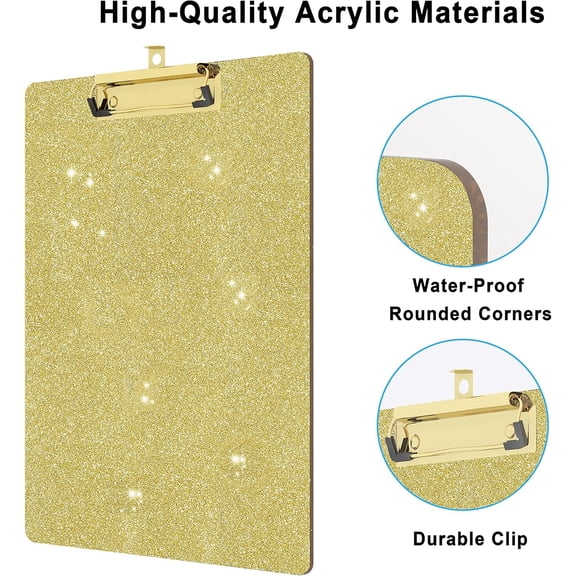 Glitter Acrylic Clipboard Decorative Standard A4 Letter Size 12.2" x 8.7", Fashion Bling Clip Boards with Designed Low Profile Gold Clip for Classroom Office