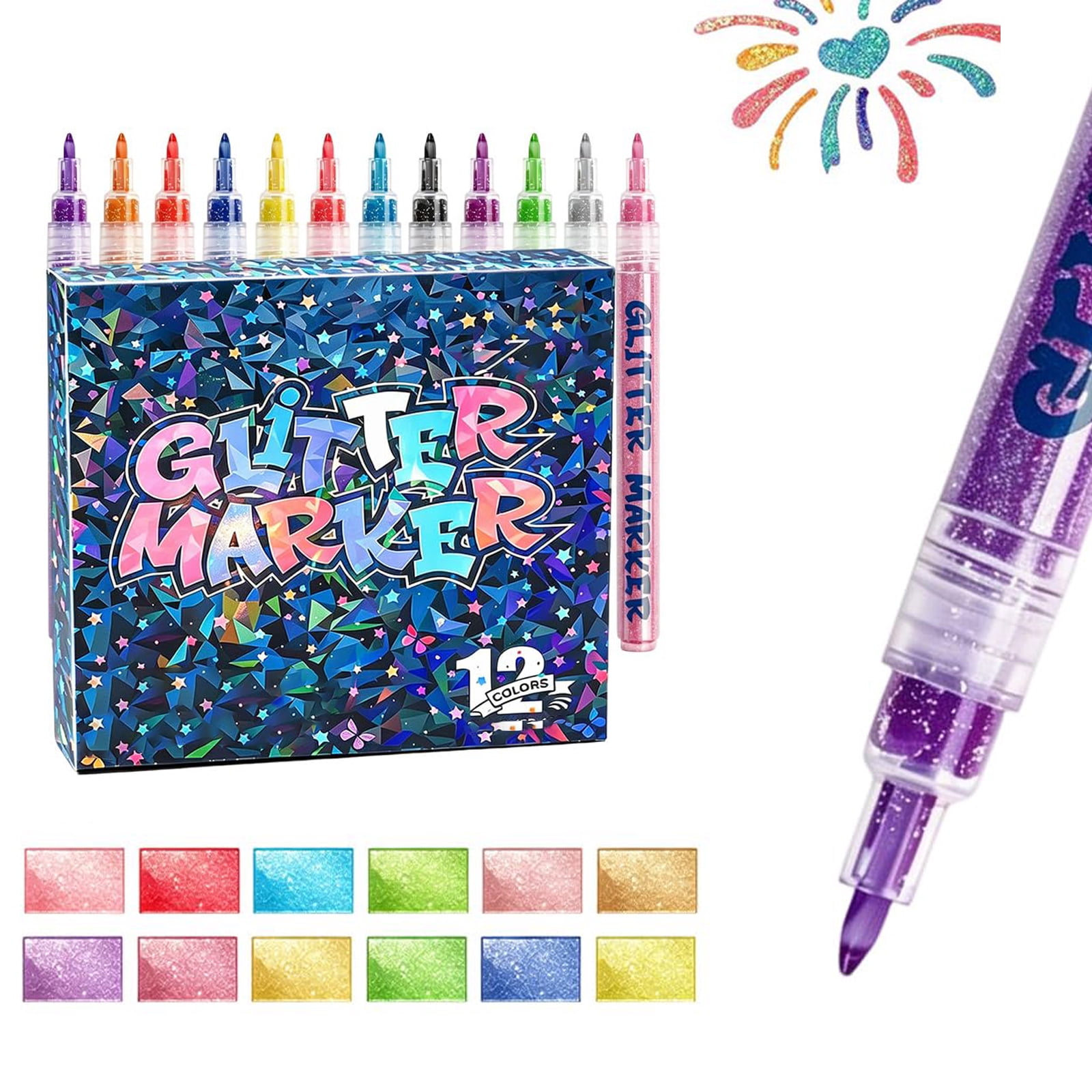 Glitter Acrylic Marker Pens, 0.7mm Fine Tip Sparkly Paint Markers,Shimmer Glitter Pens for Painting,Glass, Ceramic,Wood,Fabric, Stone,DIY Craft, Scrapbooking, Card Making Art Supplies