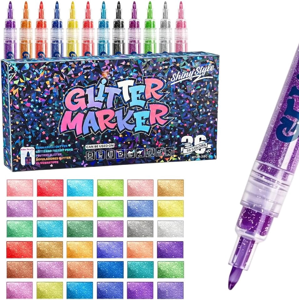 Glitter Acrylic Marker Pens 0.7mm Fine Tip Sparkly Paint for DIY Craft (36 Colors)