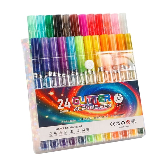 Glitter Acrylic Paint Pens, Water-Based Metallic Markers with 1.2mm Tips for Painting, Journaling, and DIY Craft Projects, Glitter Marker Set for Art and Decor,24pc