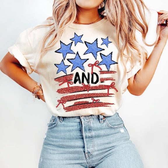 Glitter America Coquette T-Shirt, Preppy 4th of July Tee, Red White Blue Brushstroke Shirt, Memorial Day 1776 USA T-Shirt