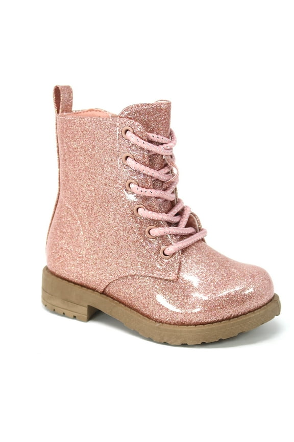 Glitter Ankle Boots, Lace Up Waterproof Combat Shoes With Side Zipper for Toddler/Little Kid/Big Kid, Rose Gold 4 Big Kids