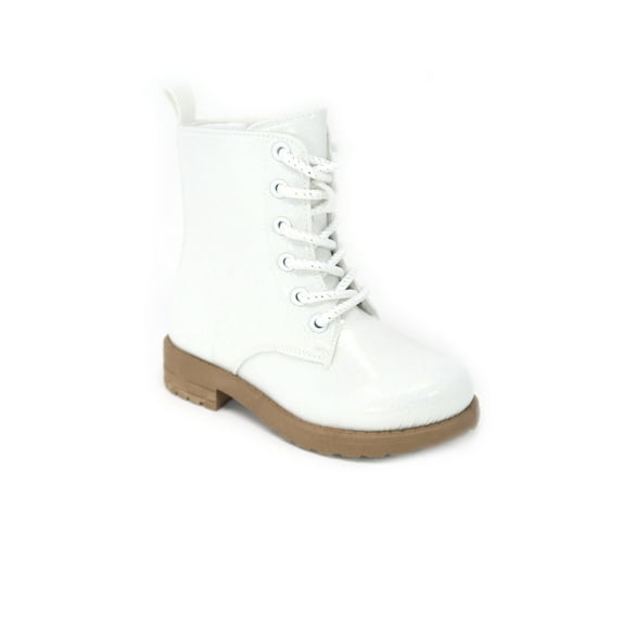 Glitter Ankle Boots, Lace Up Waterproof Combat Shoes With Side Zipper for Toddler/Little Kid/Big Kid, White 2 Little Kids