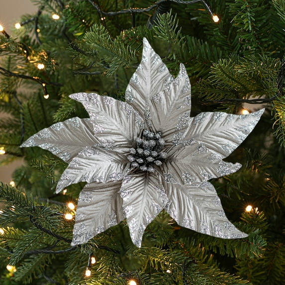 Glitter Artificial Magnolia Flower,Christmas Flowers Ornaments Xmas Poinsettia Fake Flowers Decorations for Xmas Tree New Year Party Wedding Ornaments-Gray