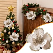 Glitter Artificial Poinsettia Flowers, 6 Pcs 7.4 Inch Velvet Magnolia Floral Picks with Bendable Brown Paper Wrapped Wire Stems, Christmas Wedding Home Decor