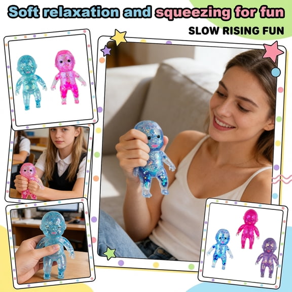 Glitter Baby Squeeze Toy Soft Stress Relief Ball, Transparent Cute Doll with Shiny Glitter, Portable Pocket Fidget Toy for Kids Adults Home Office Travel & Decor (Pink)