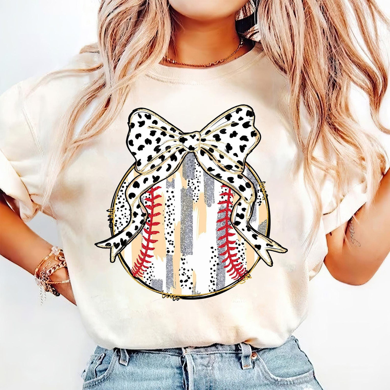 Glitter Baseball Coquette T-Shirt, Game Day Baseball Mama Tee, Baseball Bow Shirt, Brushstroke Baseball Mom Tee