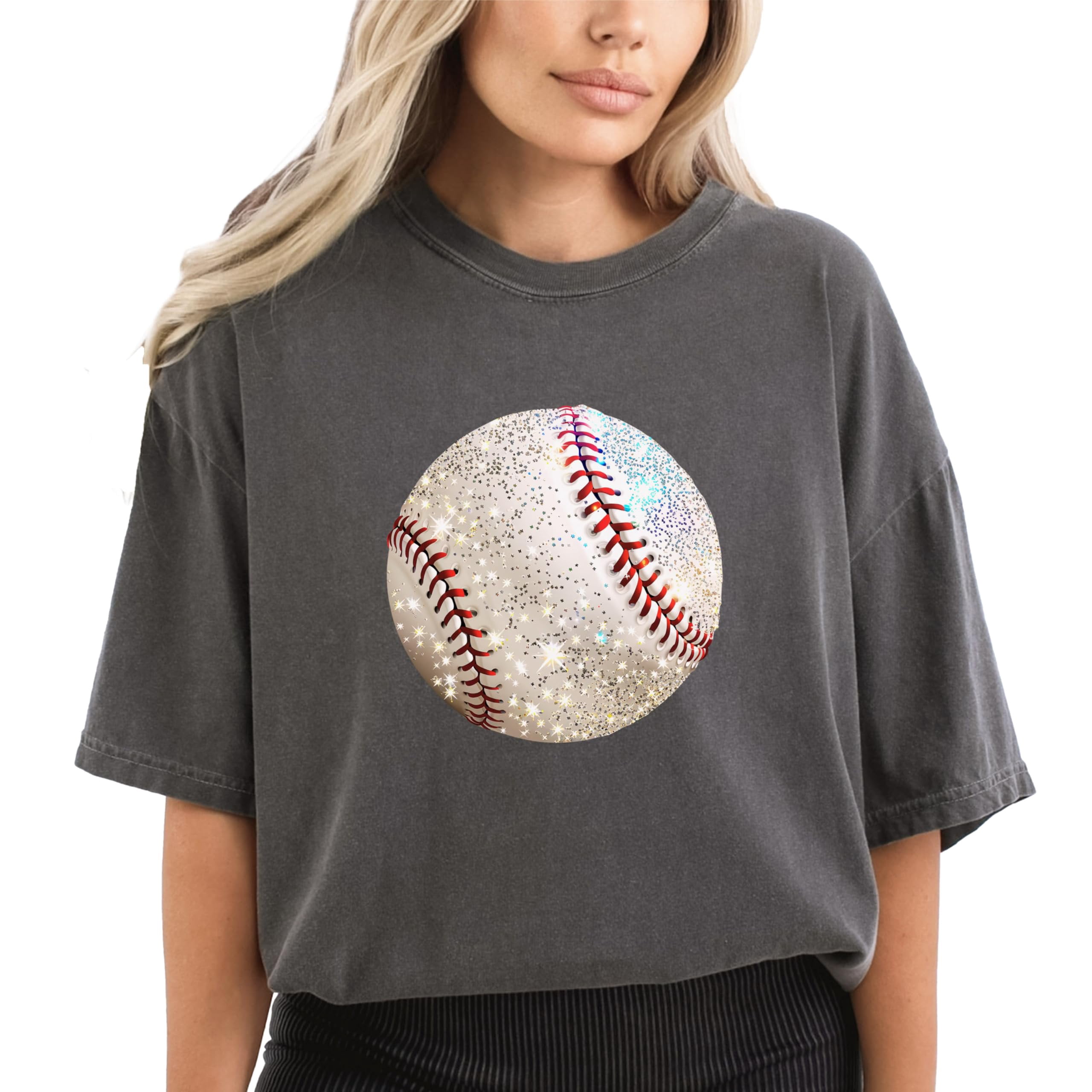 Glitter Baseball Shirt for Women and Teens Girly Baseball Fan Oversized Tee Pepper Shirt Adult X-Large