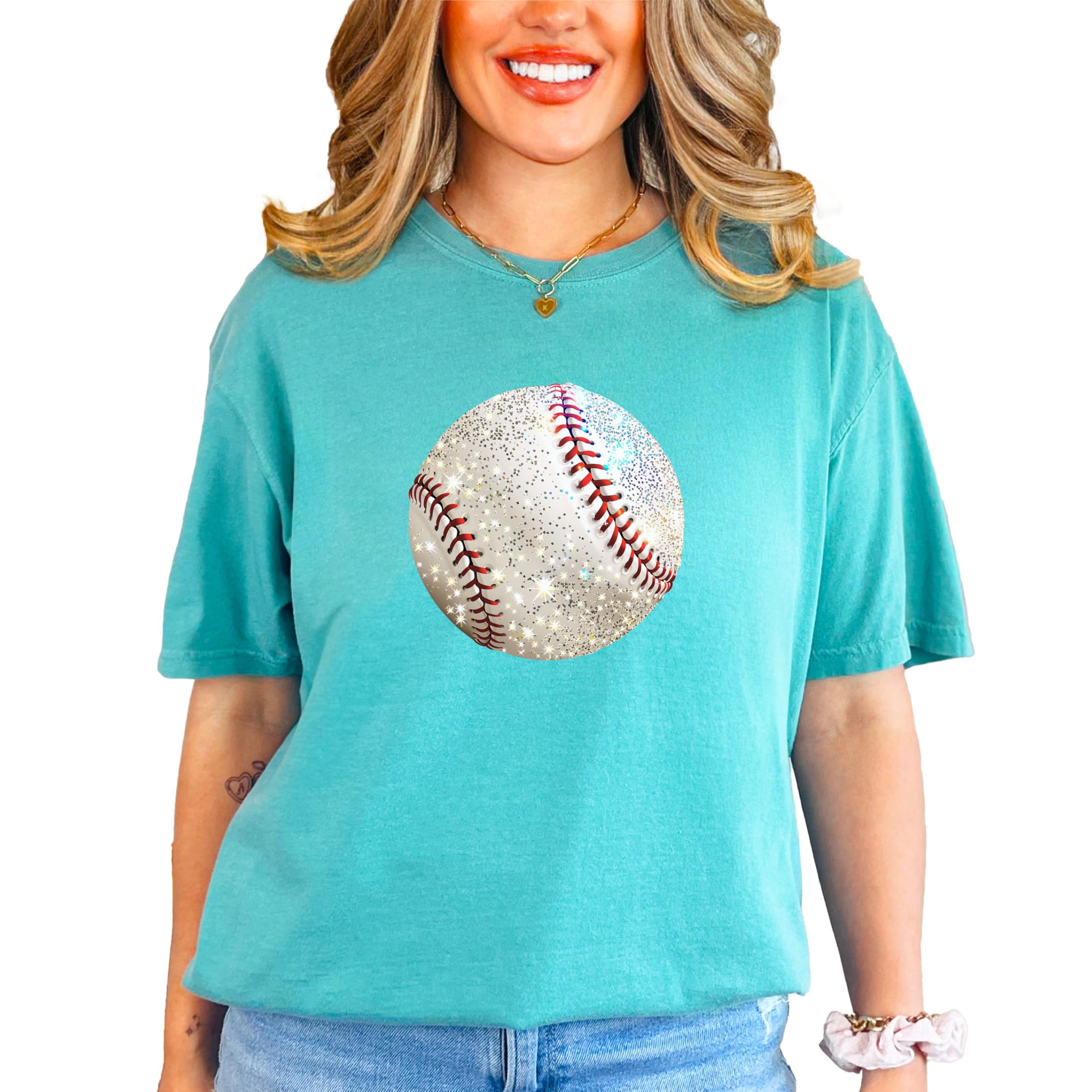 Glitter Baseball Shirt for Women and Teens Girly Baseball Fan Oversized Tee Seafoam Shirt Adult Medium