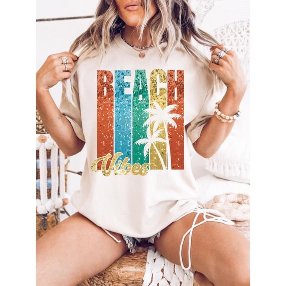 Glitter Beach Vibes Shirt, Retro Summer Vacation Tee for Women, Trendy Coquette Style Girls Trip and Beach Days Outfit