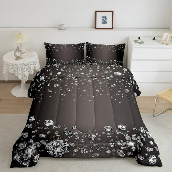 Glitter Bedding Teens,3D Sparkles Crystal Down Comforter,Silver Diamond Black Comforter Set Full,Gray Gradient Duvet Insert Fashion Bedroom Decor