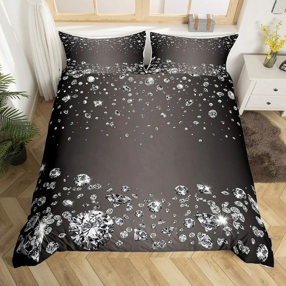 Glitter Bedding Set for Women Adult ,3D Sparkles Crystal Duvet Cover King,Silver Diamond Black Comforter Cover,Grey Gradient Quilt Cover Fashion Bedroom Decor