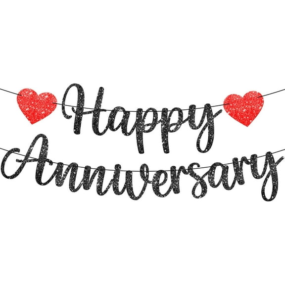 Glitter Black Anniversary Banner - No DIY, 2 String, 10 Feet | Anniversary Decor for Parties & Weddings
