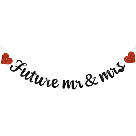 Glitter Black Future Mr & Mrs Banner with Heart,Pre-Strung,Engagement Ceremony Decor Bridal Party Wedding Decorations,Bachelorette Party, Wedding Eve Parties Supply