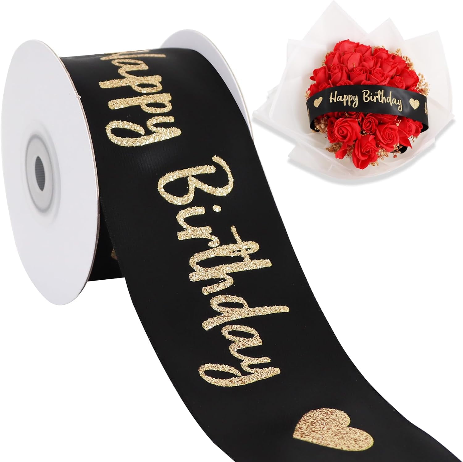 Glitter Black Happy Birthday Satin Ribbon 2 Inch x 10 Yards Wide ...