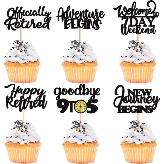 Glitter Black Retirement Cupcake Toppers, 12 Pcs, Goodbye 9 to 5, New Journey Begins, Happy Retired Party Decorations