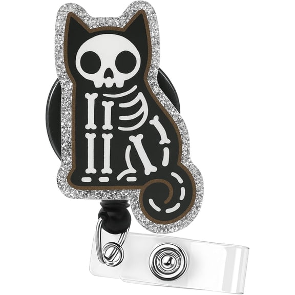 Glitter Black Skeleton Cat Badge Reel, Fun Radiology Tech Badge Clip for Medical Staff, Veterinary Clinics