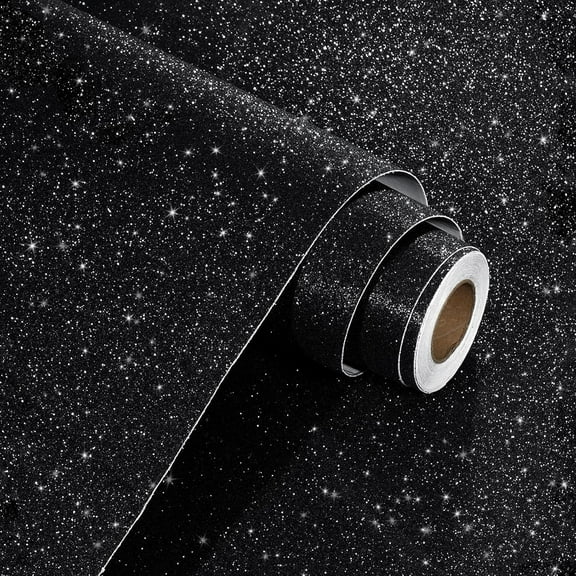 Glitter Black Wallpaper Peel and Stick Sparkle Black Contact Paper Self Adhesive Removable Dark Glitter Peel and Stick Wallpaper for Bedroom Accent Wall Cabinets Patery Decoration DIY 12"x80"