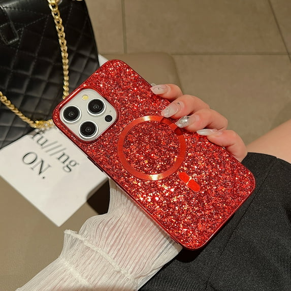 Glitter Bling Case for Apple iPhone 13 Pro, Slim Fit Shiny Magnetic Back Cover Stylish Drop Protective Scratch Resistant Phone Case for Girls Women, Red