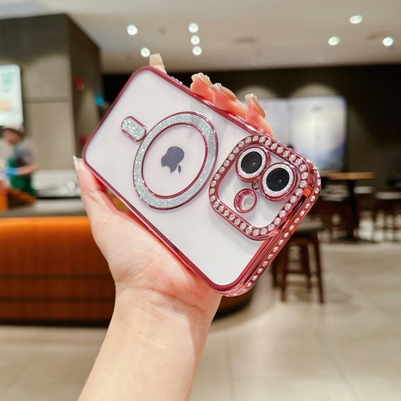 Glitter Bling Case for Apple iPhone 15, Diamond Clear Back Cover with Camera Lens Protector Compatible with Magsafe Shockproof Full Body Protective Phone Case for iPhone 15, Pink