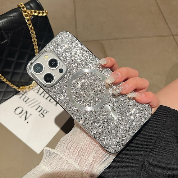 Glitter Bling Case for Apple iPhone 16 Pro, Slim Fit Shiny Magnetic Back Cover Stylish Drop Protective Scratch Resistant Phone Case for Girls Women, Silver