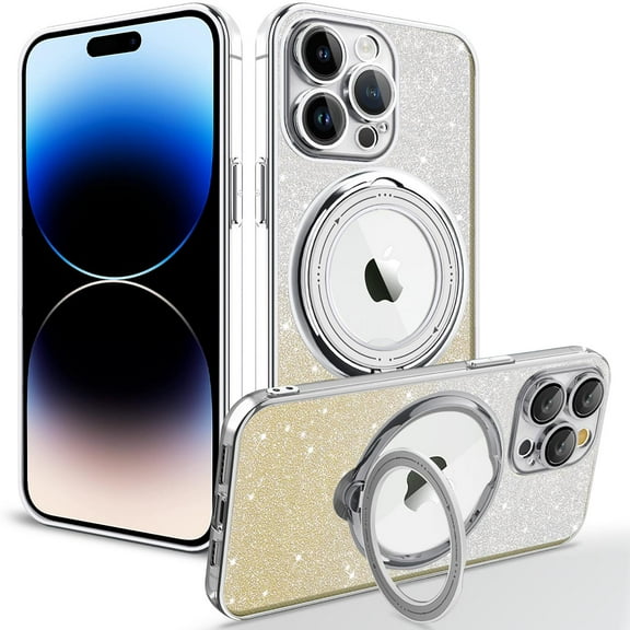 Glitter Bling Case Cover for Apple iPhone 13 Pro, Luxury Stylish 360 Rotating Kickstand Drop Protection Anti-Scratch Shockproof Anti-Slip Gradient Color Phone Case for iPhone 13 Pro, Silver