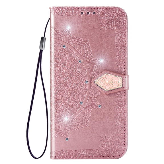 Glitter Bling Case for Google Pixel 9 / Pixel 9 Pro, Flip Cover Mandala Embossed Stylish Luxury Wallet Case with Cards Holder & Hand Wrist Shiny Diamond Design Phone Case for Girls Women, Rosegold