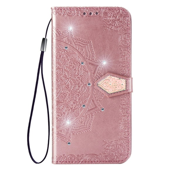 Glitter Bling Case for Google Pixel 9 Pro XL, Flip Cover Mandala Embossed Stylish Luxury Wallet Case with Cards Holder & Hand Wrist Shiny Diamond Design Phone Case for Girls Women, Rosegold