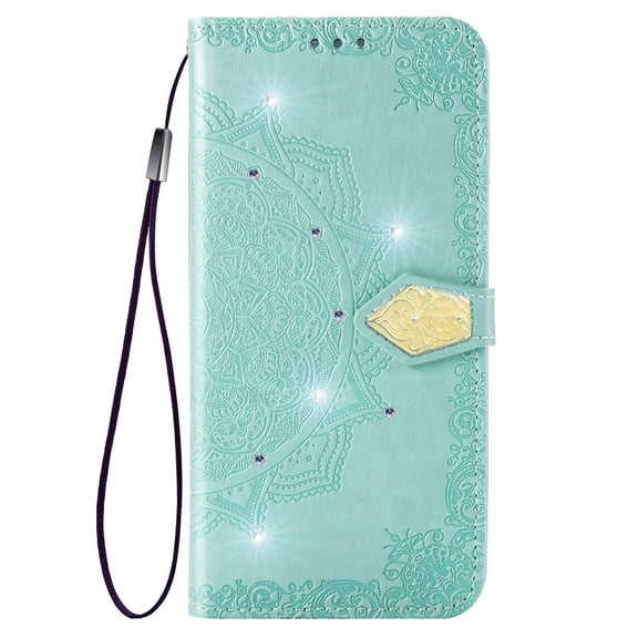 Glitter Bling Case for Motorola Moto G 5G 2024, Flip Cover Mandala Embossed Stylish Luxury Wallet Case with Cards Holder & Hand Wrist Shiny Diamond Design Phone Case for Girls Women, Green