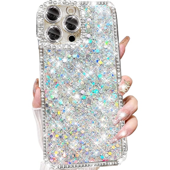Glitter Bling Case for iPhone 16 Pro Max,Cute Luxury Sparkly Shiny Crystal Diamond Rhinestones Sequin with Camera Protector TPU Bumper Shockproof Women Girls Case for iPhone 16 Pro Max,Silver