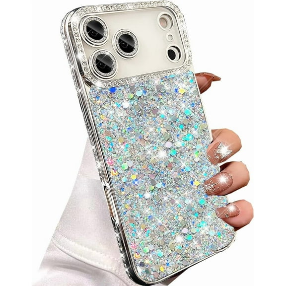 Glitter Bling Case for iPhone 17 Pro Max,Cute Luxury Sparkly Crystal Diamonds Rhinestones Sequin Shiny with Camera Lens Protector TPU Bumper Women Girls Case for iPhone 17 Pro Max 6.9",Silver