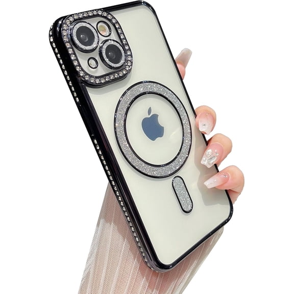 Glitter Bling Clear Magnetic Case for iPhone, Compatible with MagSafe Wireless Charging (Black,iPhone 15 Plus)