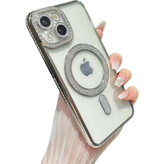 Glitter Bling Clear Magnetic Case for iPhone, Compatible with MagSafe Wireless Charging (Silver,iPhone 15 Pro Max)