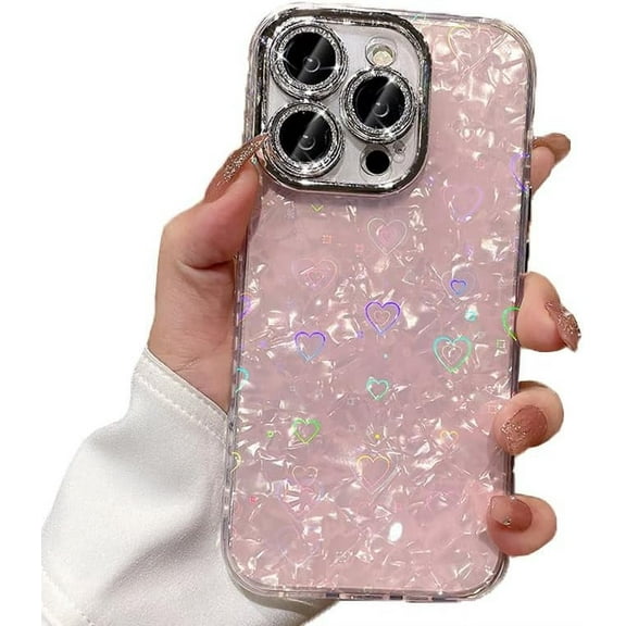 Glitter Bling Sea Shell Pattern Laser Love Heart Sparkling Phone Case Compatible with iPhone 14, Pink