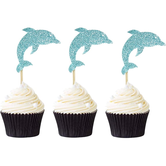 Glitter Blue Dolphin Cupcake Toppers, Ocean Sea Theme Party Picks, Baby Shower Birthday Decoration, 10 Pack