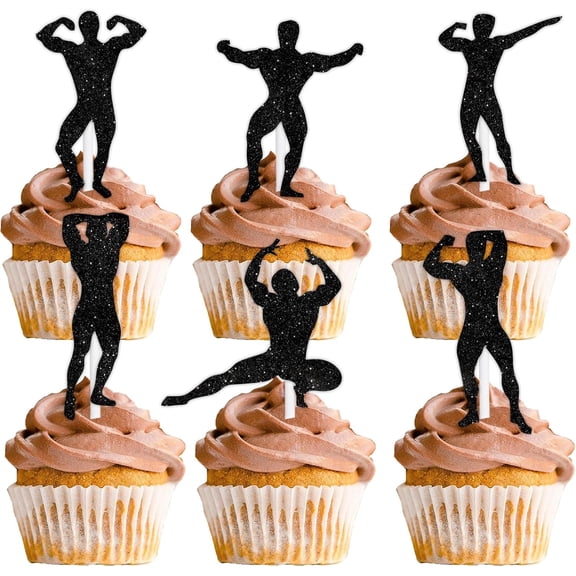 Glitter Bodybuilder Cupcake Toppers, Black Muscle Man Silhouette Party Decorations, 12 Count