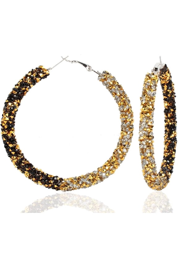 Glitter Bohemian Rhinestone Statement Hoop Earrings for Women,Large Sparkly Crystal Round Hoops Beach Holiday Jewelry Gift