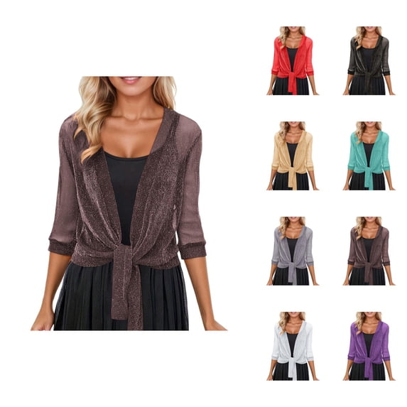 Glitter Bolero Shrug for Women Half Sleeve Sparkle Sheer Mesh Shiny Silk Lightweight Tie Front Dressy Cropped Cardigans