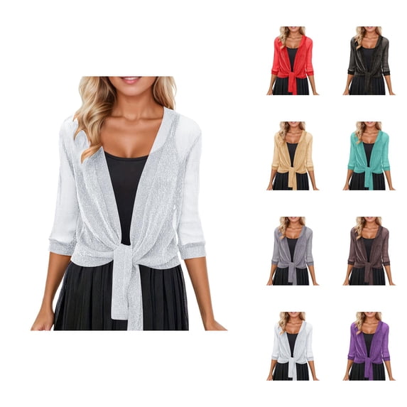 Glitter Bolero Shrug for Women Half Sleeve Sparkle Sheer Mesh Shiny Silk Lightweight Tie Front Dressy Cropped Cardigans