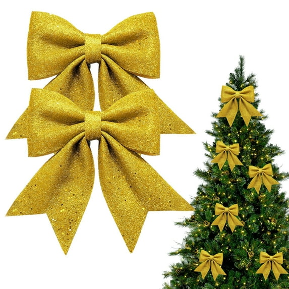 Glitter Bow Ornament - 2PCS Gold Sequin Bows Hanging Ornaments for Christmas,New Year,Party,Wreaths,Tree,Wall,Indoor & Outdoor Decorations,Christmas Decorations,6*4.7IN