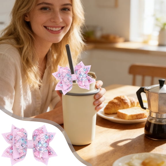 Glitter Bow Straw Covers – Reusable Cute Flower Bow Toppers for Tumblers & Water Bottles, Artificial Leather with Silicone Base, Dustproof Cup Accessories for Girls, Daily Use