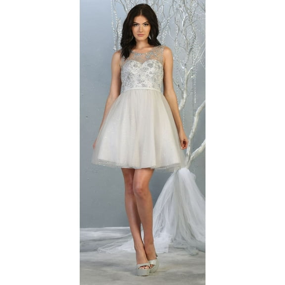 Women's May Queen Glitter A Line Mesh Short Bridesmaids Dress MQ1803 Silver 6