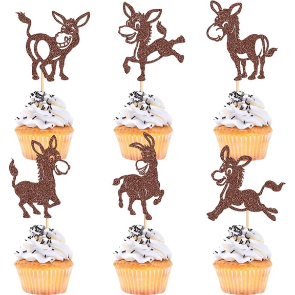 Glitter Brown Donkey Cupcake Toppers, Farmyard Animal Theme, Birthday and Baby Shower Party Decorations, 12 Pieces