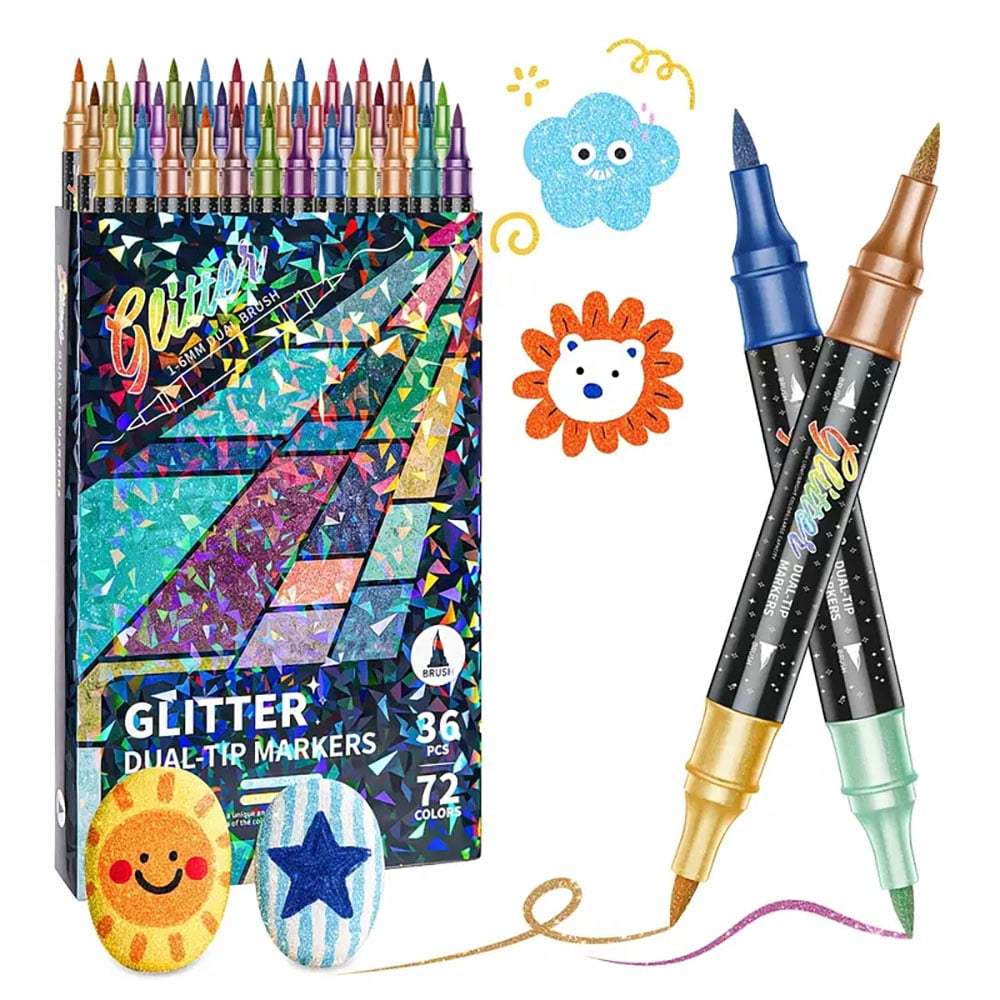 Glitter Brush Markers, Dual Tip Brush Glitter Marker for Doodle Writing, Glitter Art Crafts Adults DIY Crafts Greeting Birthday Cards Making