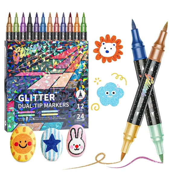 Glitter Brush Markers, Dual Tip Brush Glitter Marker for Doodle Writing, Glitter Art Crafts Adults DIY Crafts Greeting Birthday Cards Making