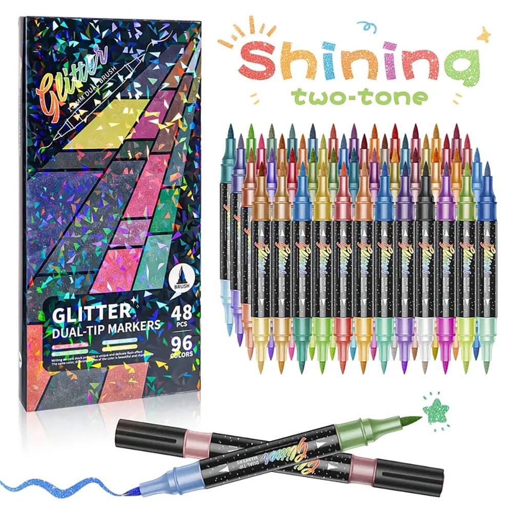 Glitter Brush Markers, Dual Tip Brush Glitter Marker for Doodle Writing, Glitter Art Crafts Adults DIY Crafts Greeting Birthday Cards Making